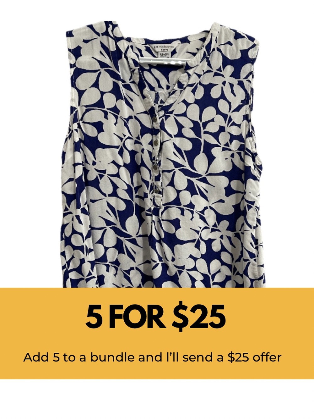 Liz Claiborne Navy and White Sleeveless Floral Print Blouse